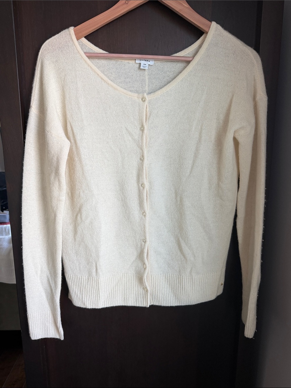 Cuyana Cream Button-Up Crew Nexk Cardigan-100% Cashmere